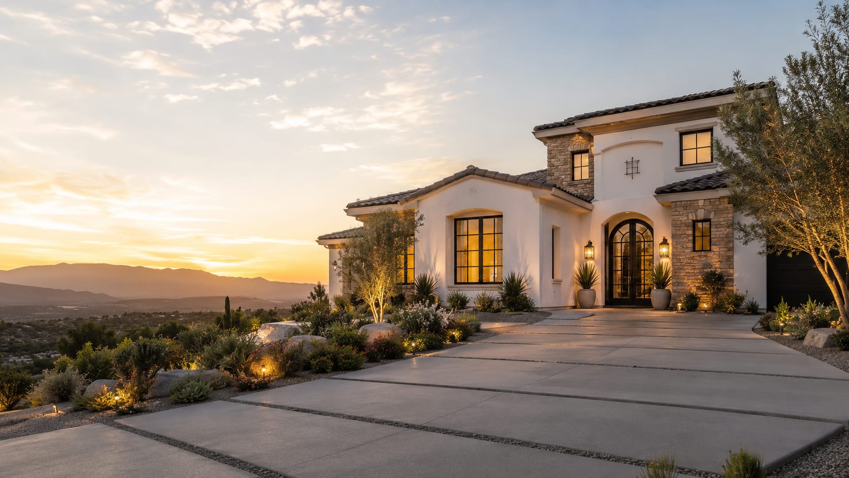 Luxury desert home remodel at sunset with mountain views in the Coachella Valley