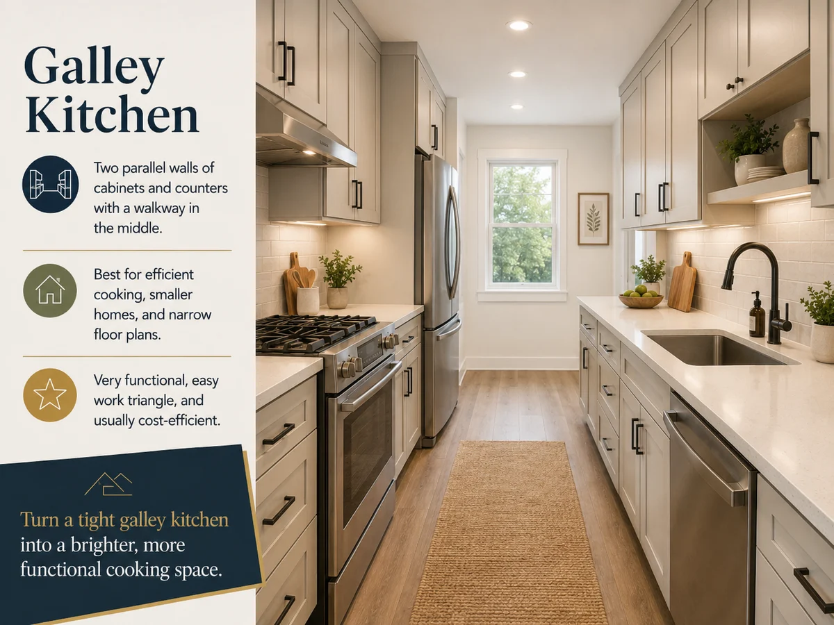 Galley Kitchen layout card — Two parallel walls of cabinets and counters with an efficient walkway in the middle. Best for: Efficient cooking, smaller homes, and narrow floor plans.