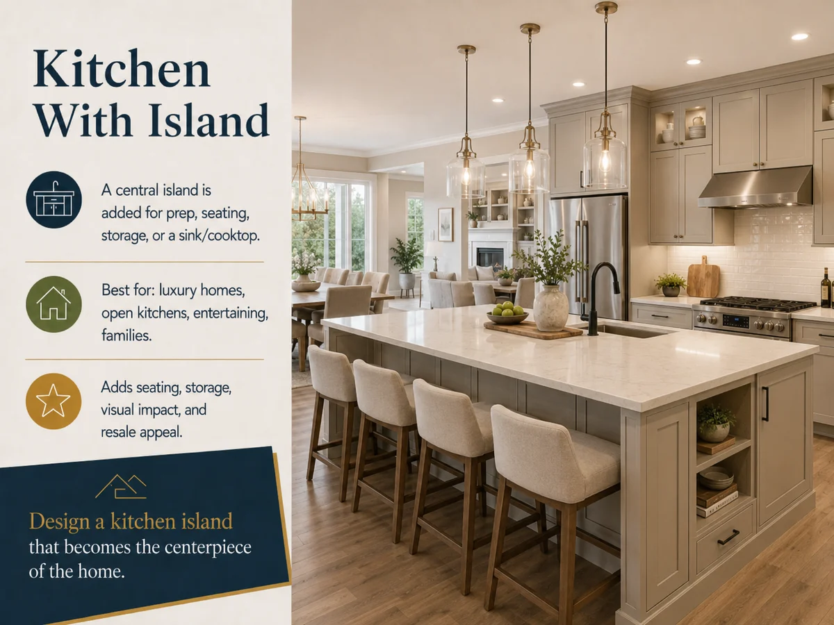 Kitchen with Island layout card — A freestanding center island anchors the room — prep surface, casual seating, and storage in one. Best for: Entertaining, families, and open floor plans where the kitchen is the heart of the house.