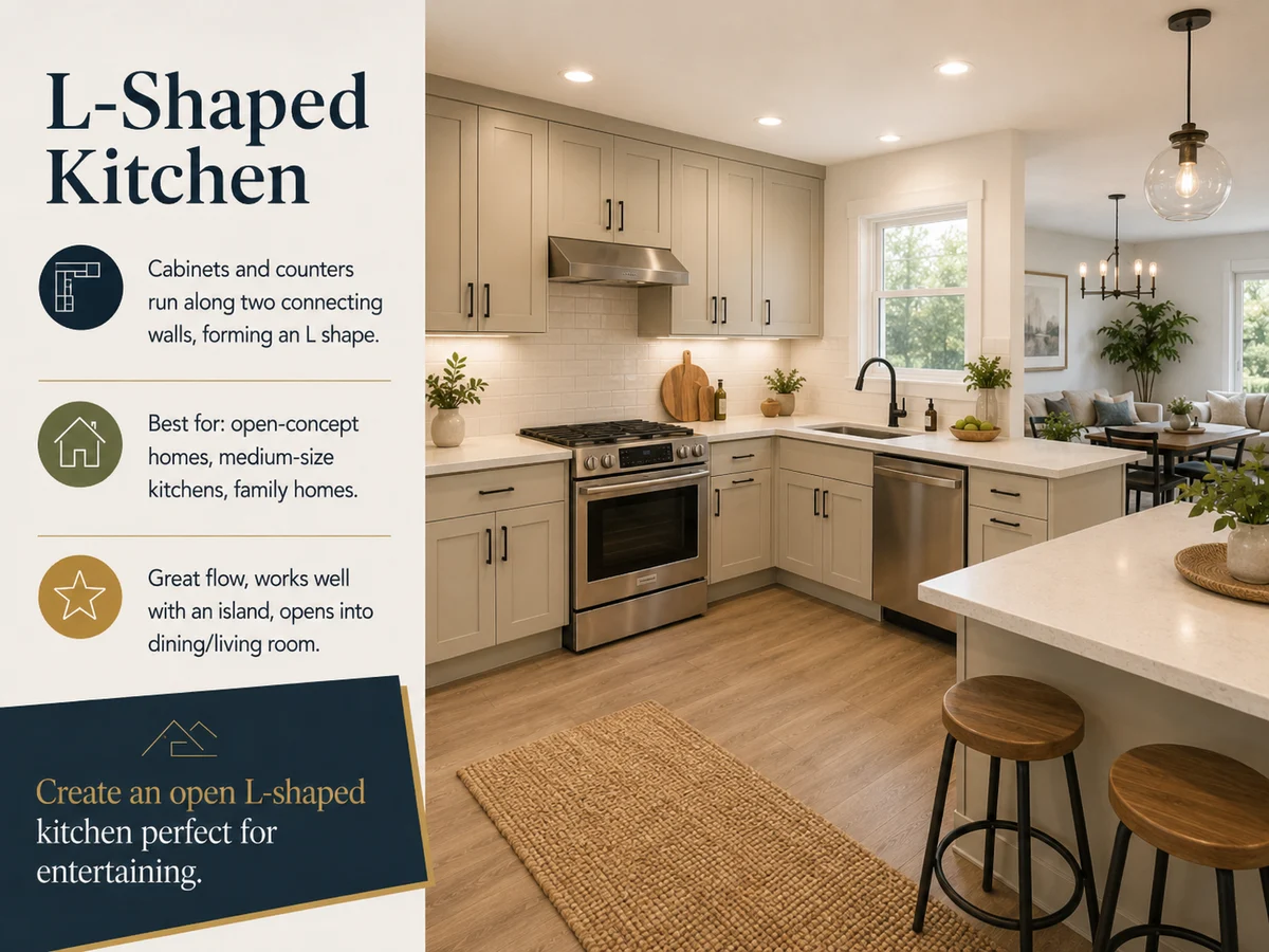 L-Shaped Kitchen layout card — Cabinetry runs along two adjoining walls, leaving an open corner and flexible floor space. Best for: Most valley homes — it adapts to open or closed plans and leaves room to add an island later.