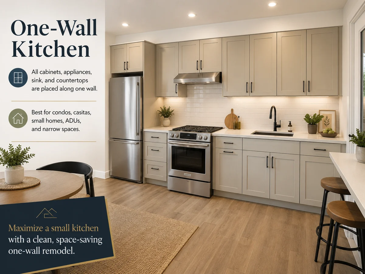 One-Wall Kitchen layout card — All cabinets, appliances, sink, and countertops are placed along a single wall. Best for: Condos, casitas, ADUs, and narrow spaces.